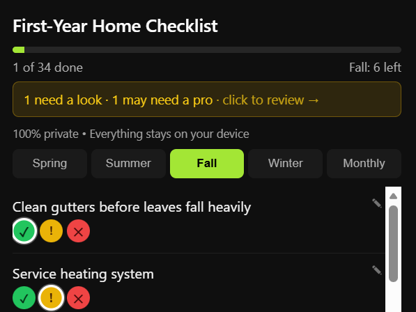 First-Year Home Checklist extension showing Fall tasks with Green, Yellow and Red status icons
