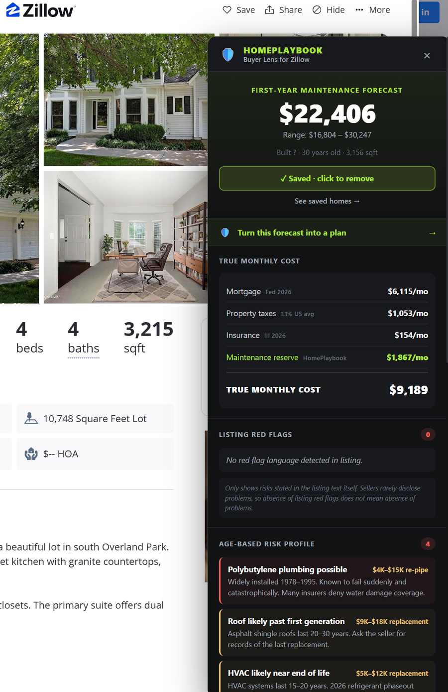 Buyer Lens panel appearing in the top-right of a Zillow listing page for a $605,000 home, showing a $22,406 first-year forecast and $9,189 true monthly cost breakdown