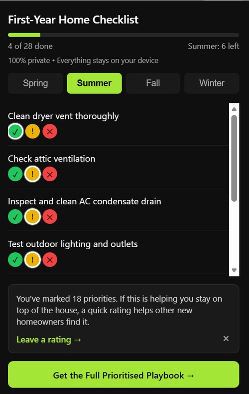 First-Year Home Checklist Chrome extension popup showing the Summer tab with traffic-light task status and a 4 of 28 progress counter
