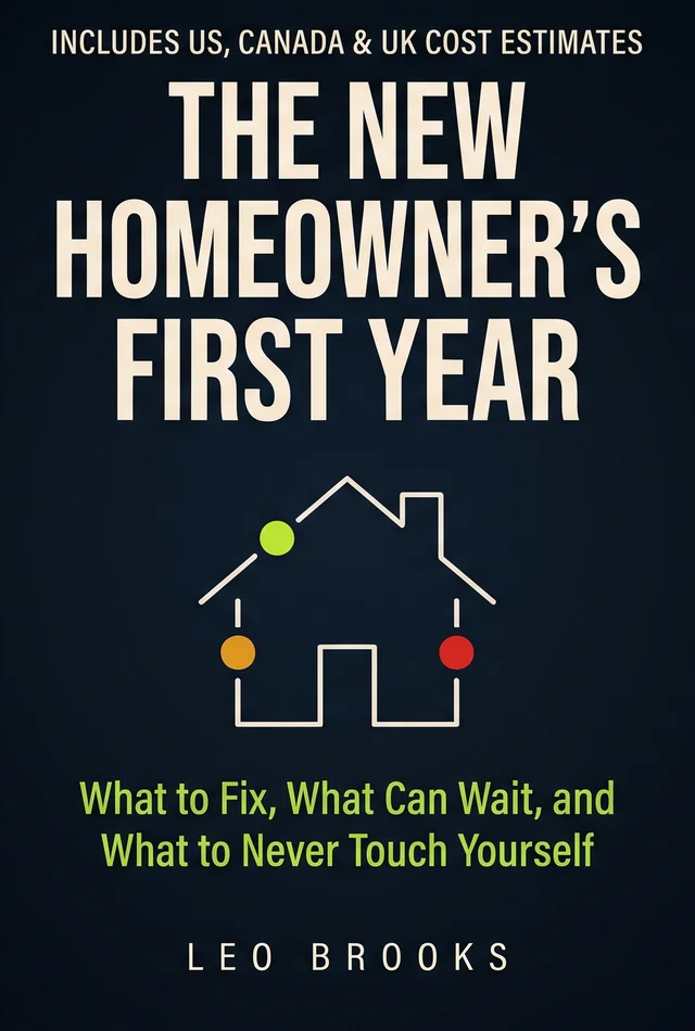 The New Homeowner's First Year book cover by Leo Brooks - What to Fix, What Can Wait, and What to Never Touch Yourself, includes US Canada and UK cost estimates