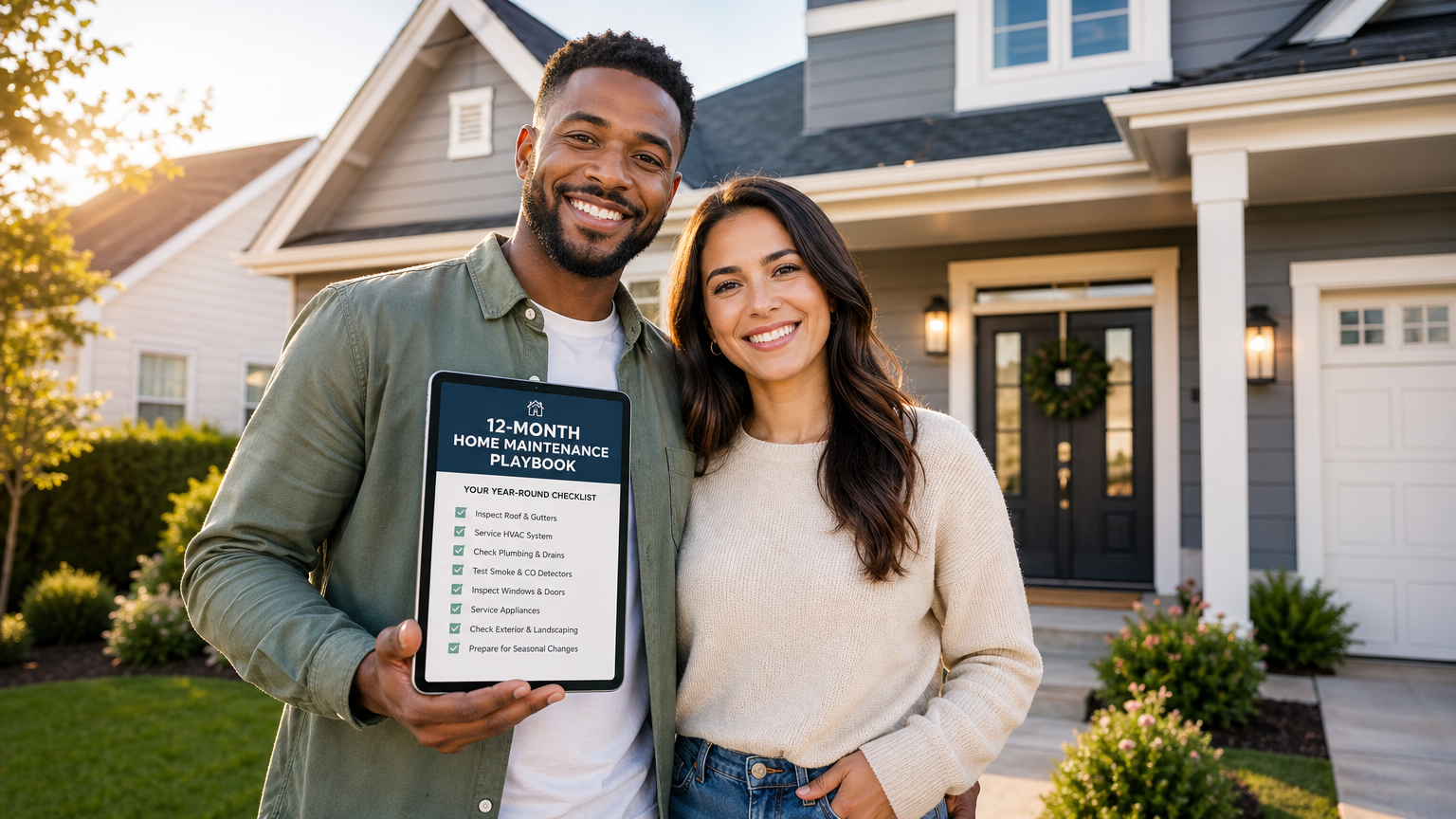 Happy first-time homeowners with their Home Maintenance Playbook